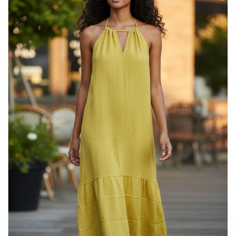 (C-75)Mille Gabrielle Yellow Halter Midi Dress‎ Women’s Size S Sleeveless Summer